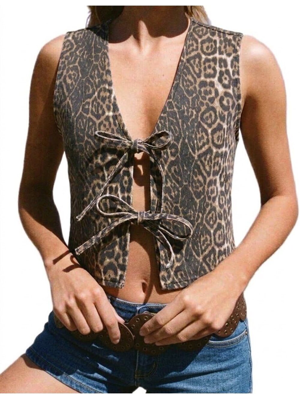 GiGiO USA Women's Large Leopard Print Cotton Vest with Tie Front